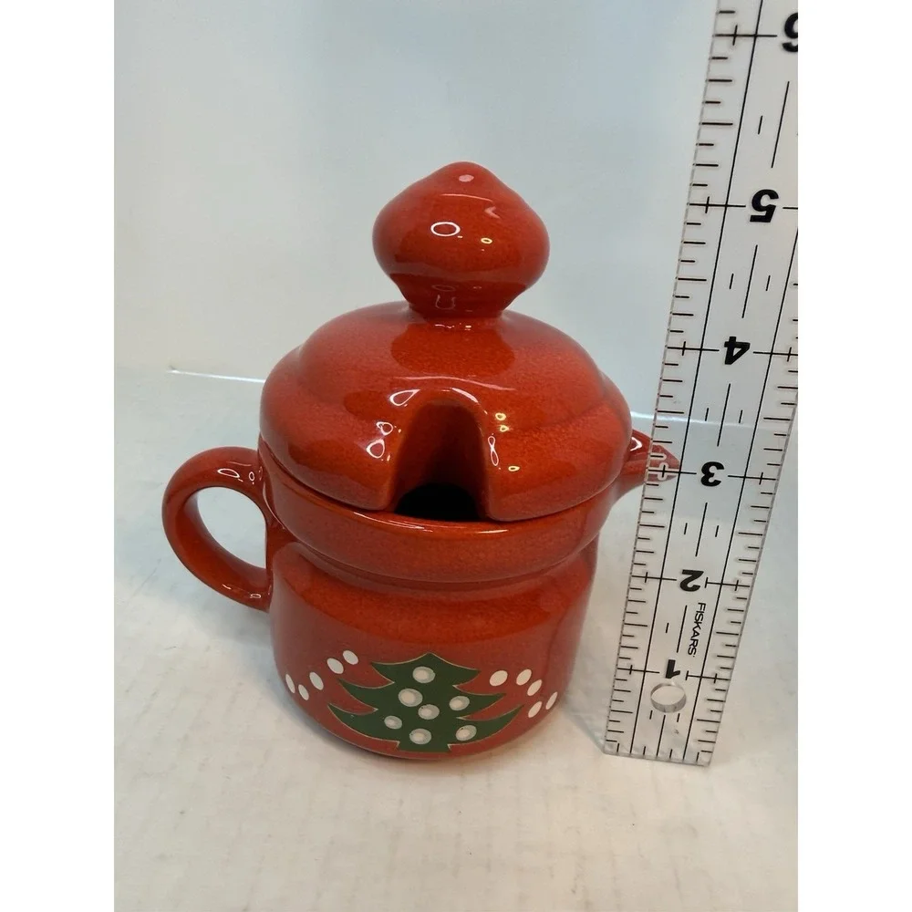 Waechtersbach Red Christmas Tree Cups & Saucers Set Of‎ 4 Creamer w/ Lid Germany